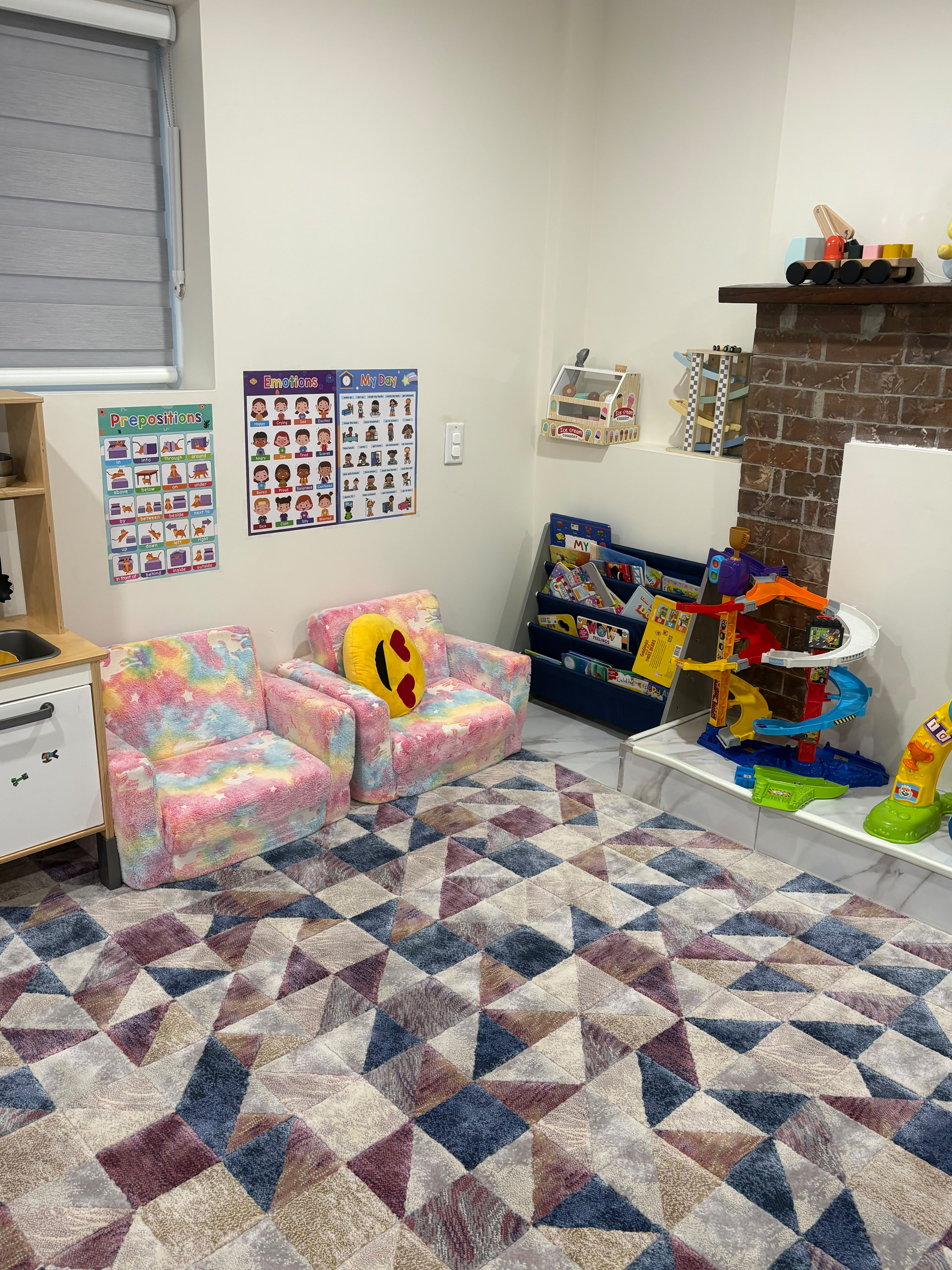 Cozy reading corner with children's books and seating